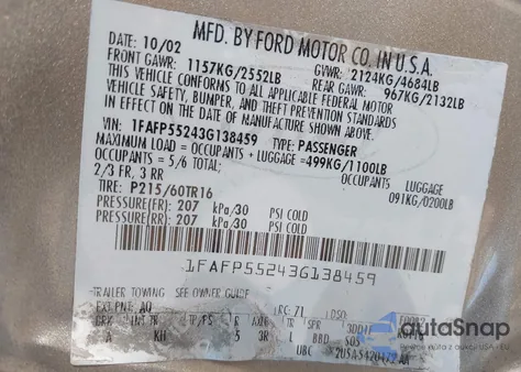 2003 Ford Taurus Ses z USA, uszkodzony, nr VIN 1FAFP55243G138459